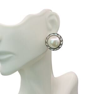 Vintage from 80s Cubic Zirconia Silver Plated Pearl Circle Classy Stud Earrings